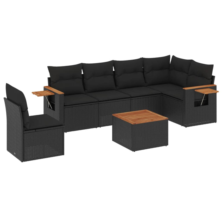 7-delige Loungeset met kussens poly rattan zwart