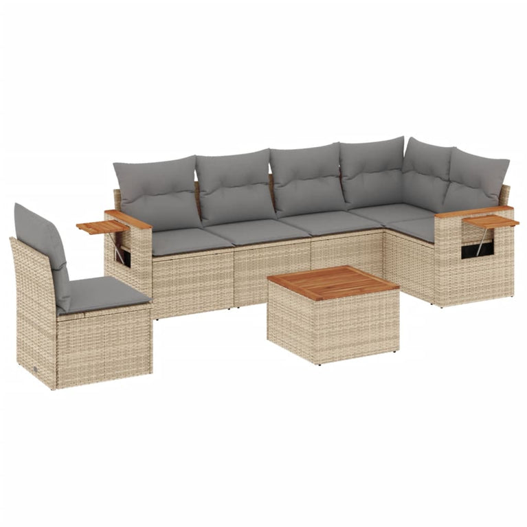 7-delige Loungeset met kussens poly rattan beige