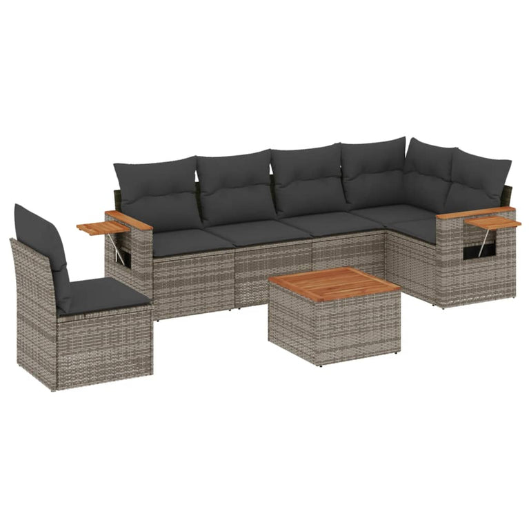 7-delige Loungeset met kussens poly rattan grijs