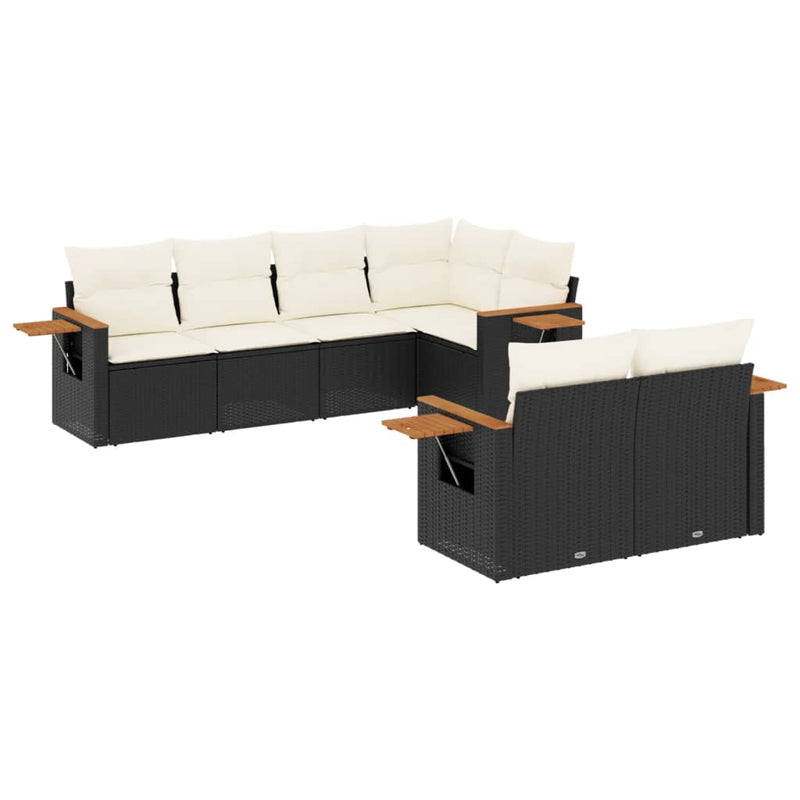 7-delige Loungeset met kussens poly rattan zwart