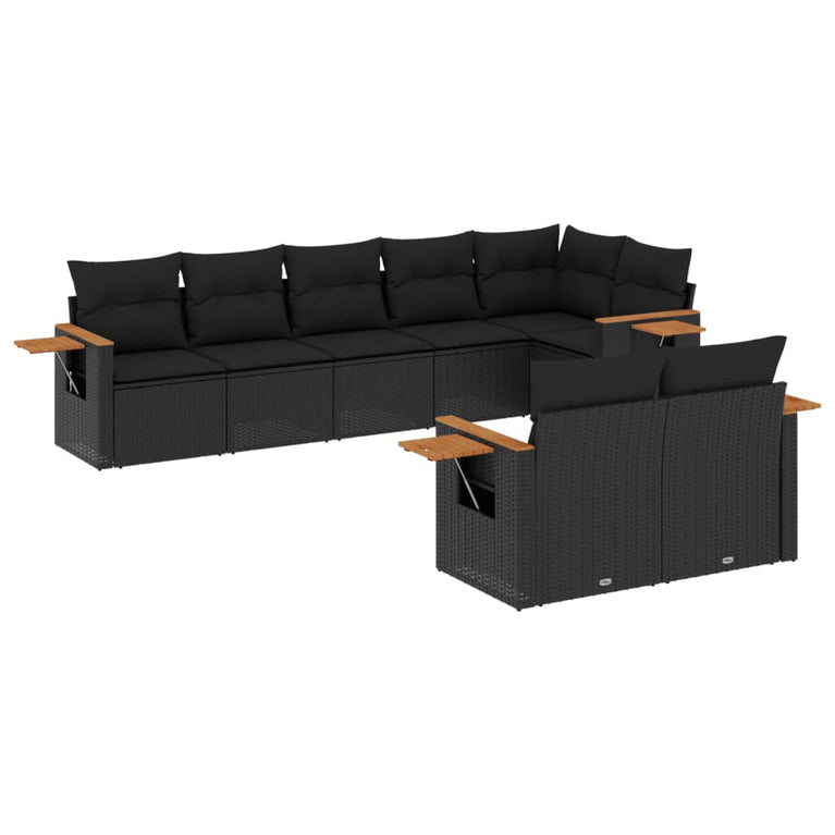 8-delige Loungeset met kussens poly rattan zwart