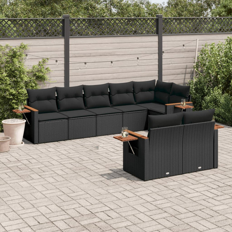 8-delige Loungeset met kussens poly rattan zwart