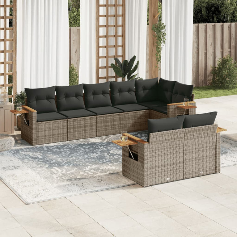 8-delige Loungeset met kussens poly rattan grijs