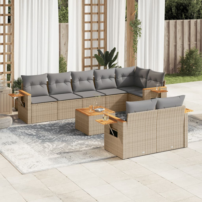 9-delige Loungeset met kussens poly rattan beige