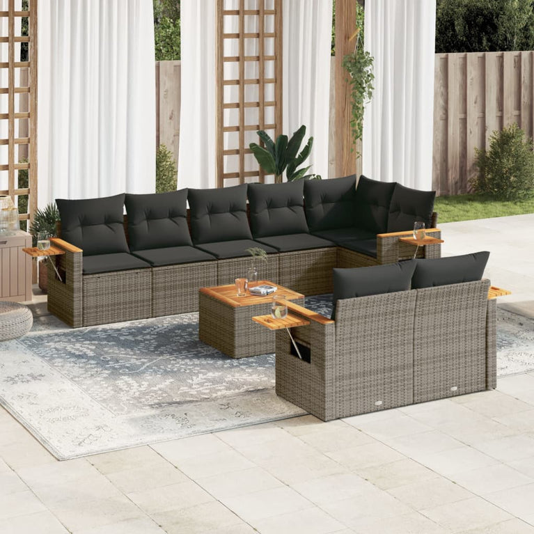 9-delige Loungeset met kussens poly rattan grijs