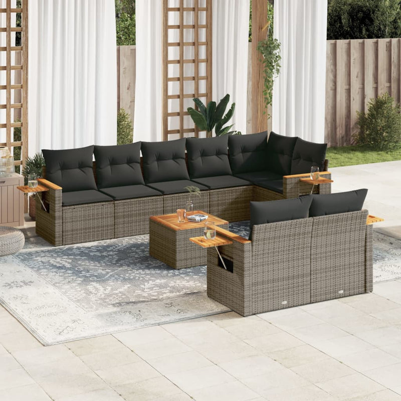 9-delige Loungeset met kussens poly rattan grijs