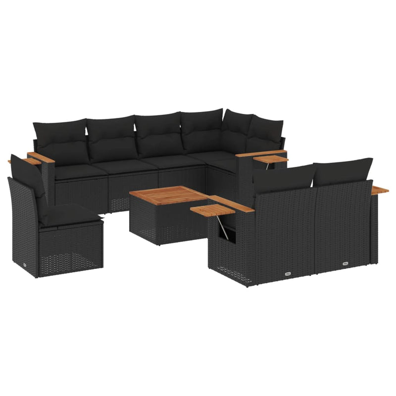 9-delige Loungeset met kussens poly rattan zwart
