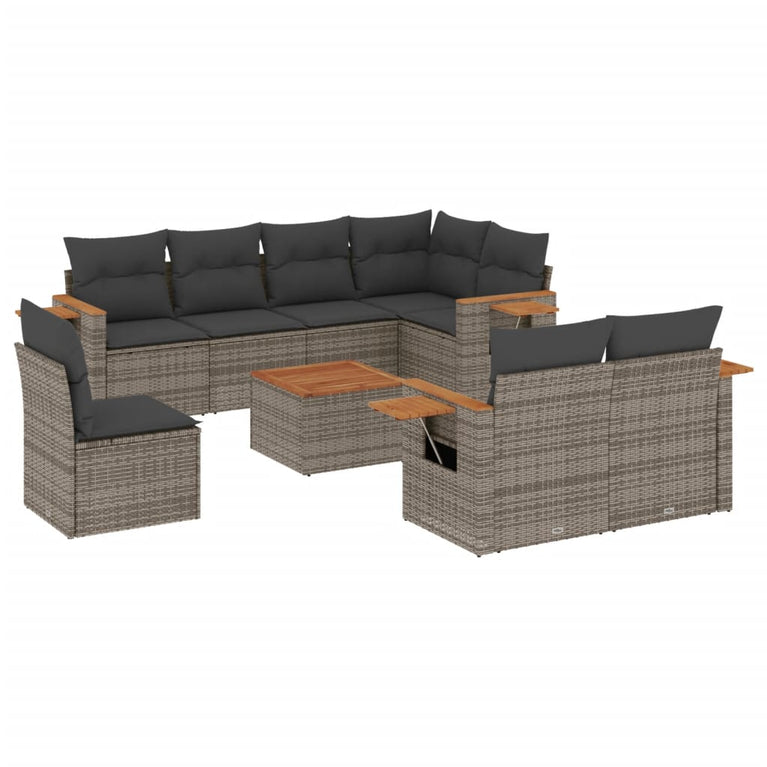 9-delige Loungeset met kussens poly rattan grijs