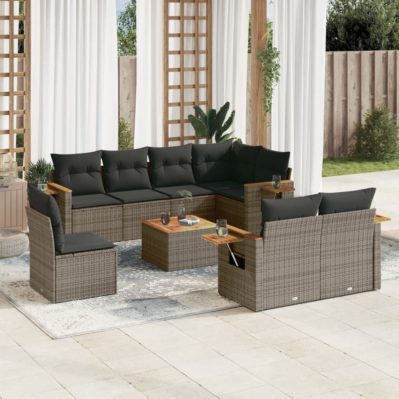 9-delige Loungeset met kussens poly rattan grijs