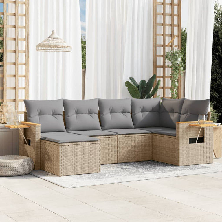 6-delige Loungeset met kussens poly rattan beige