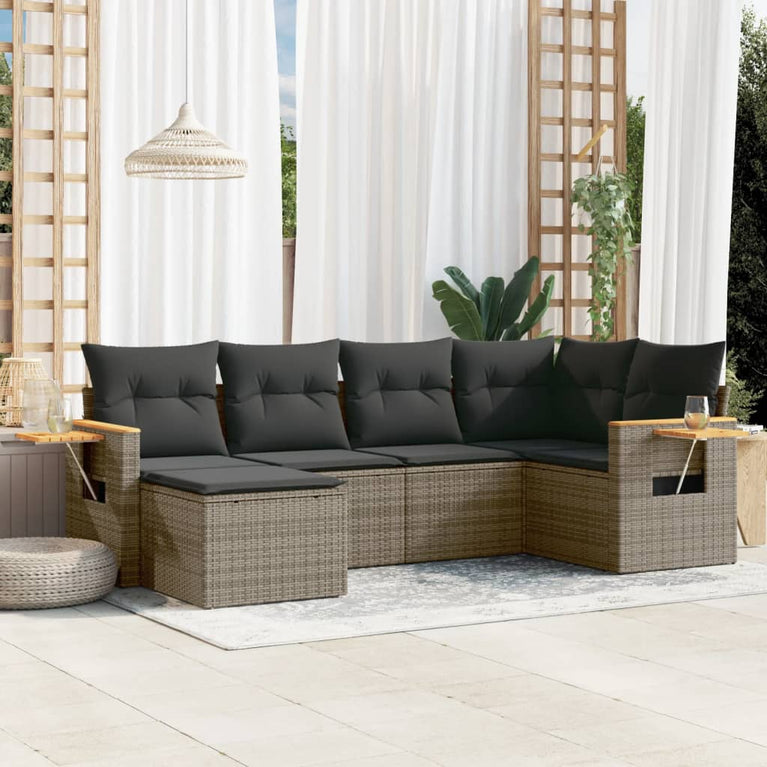 6-delige Loungeset met kussens poly rattan grijs