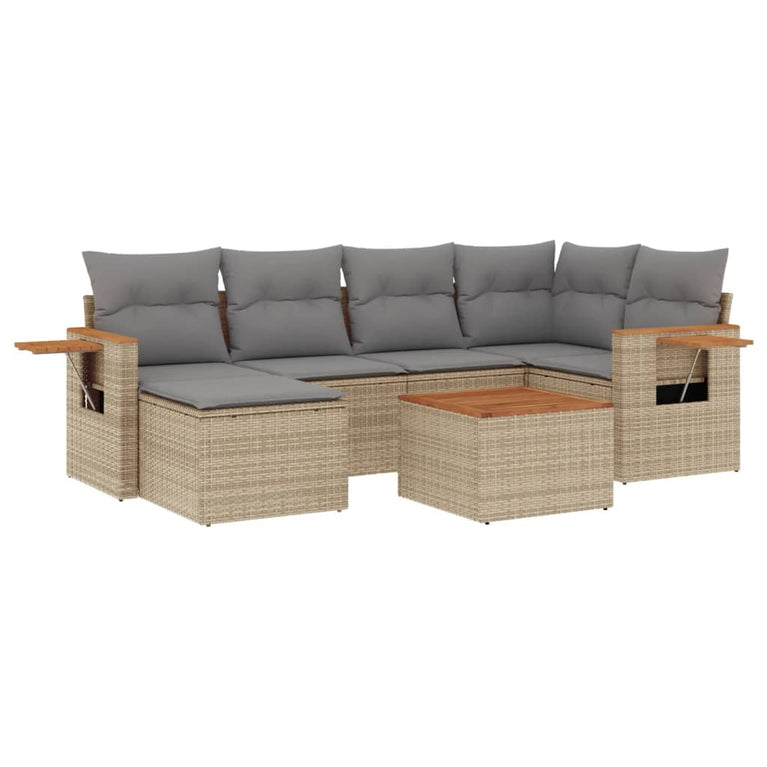 7-delige Loungeset met kussens poly rattan beige