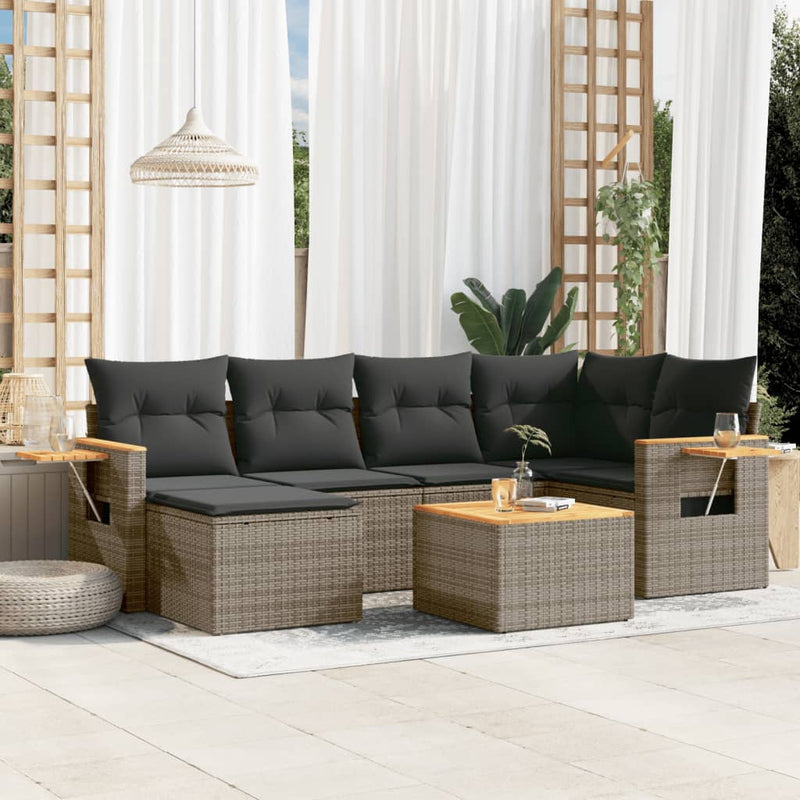 7-delige Loungeset met kussens poly rattan grijs