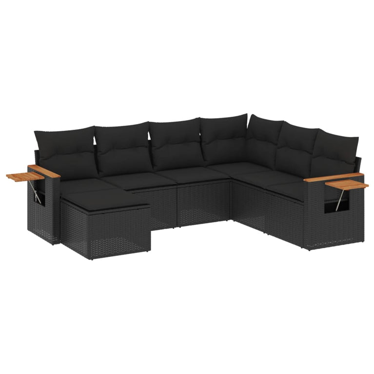 7-delige Loungeset met kussens poly rattan zwart