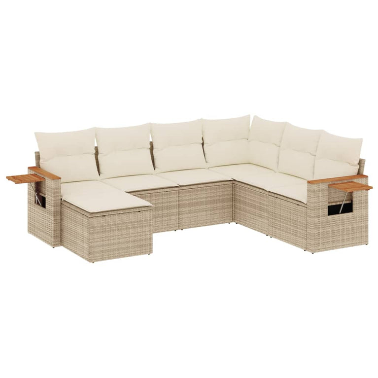 7-delige Loungeset met kussens poly rattan beige