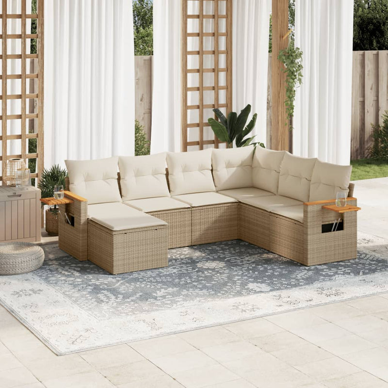 7-delige Loungeset met kussens poly rattan beige