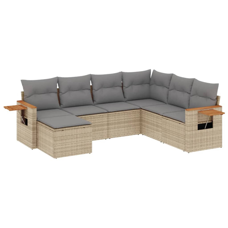 7-delige Loungeset met kussens poly rattan beige