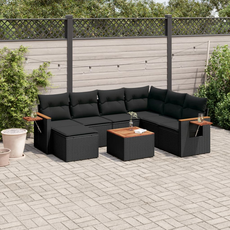 8-delige Loungeset met kussens poly rattan zwart
