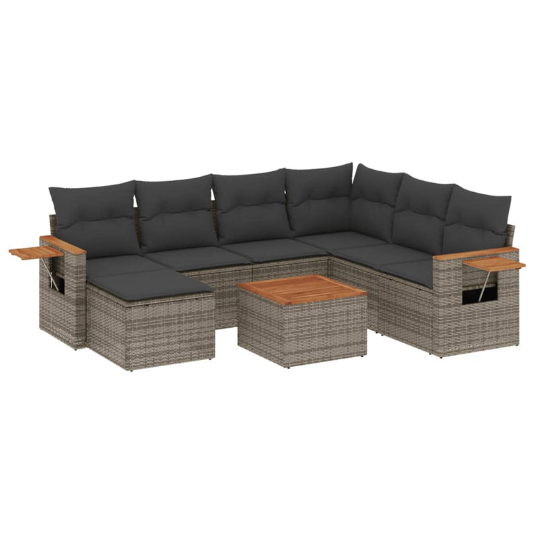 8-delige Loungeset met kussens poly rattan grijs