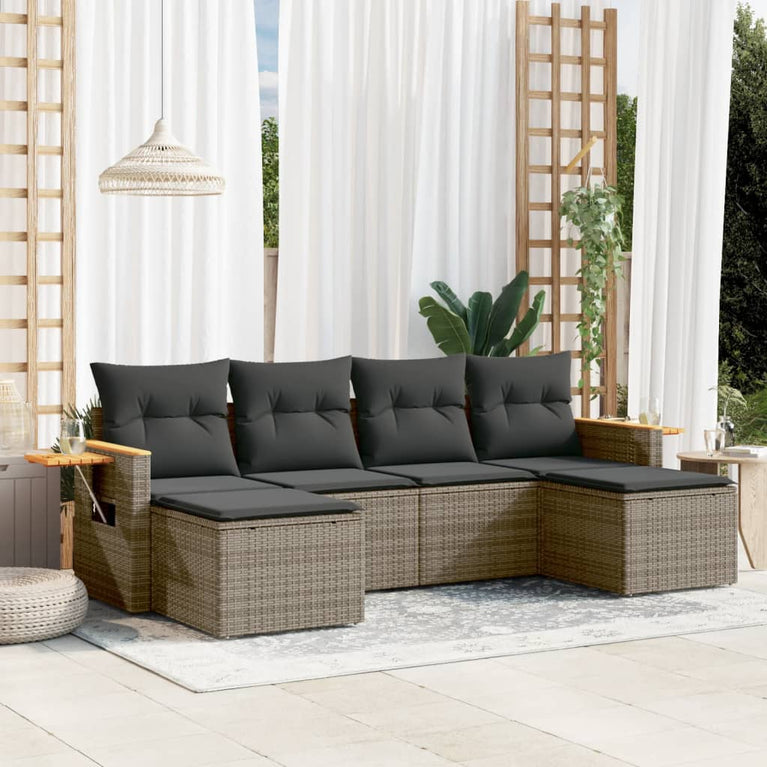6-delige Loungeset met kussens poly rattan grijs