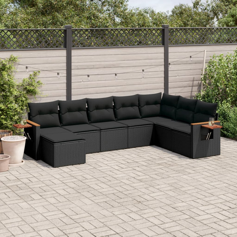 8-delige Loungeset met kussens poly rattan zwart