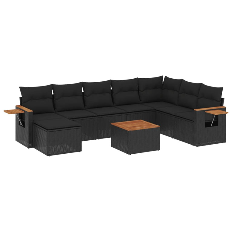 9-delige Loungeset met kussens poly rattan zwart