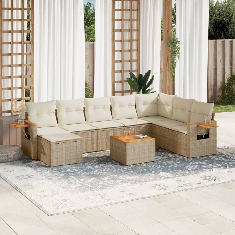 9-delige Loungeset met kussens poly rattan beige