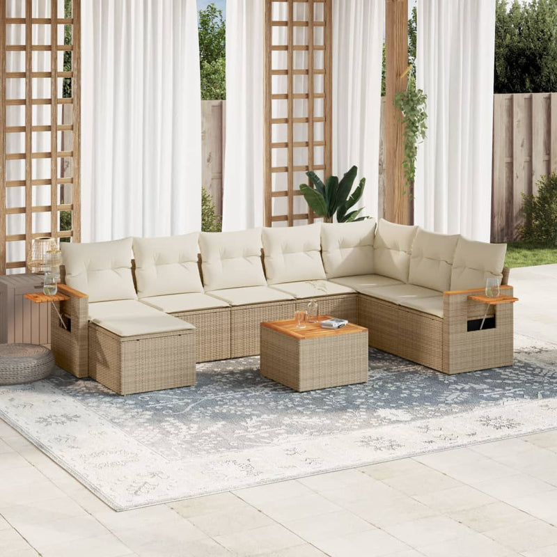 9-delige Loungeset met kussens poly rattan beige