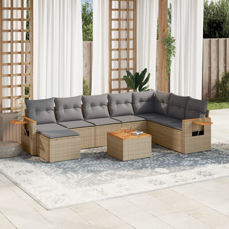 9-delige Loungeset met kussens poly rattan beige