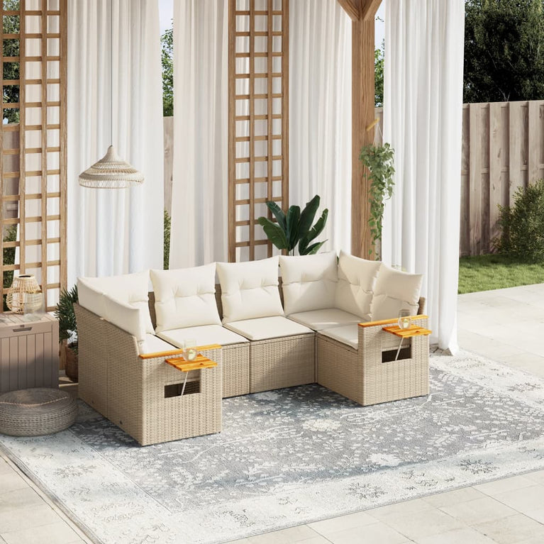 6-delige Loungeset met kussens poly rattan beige
