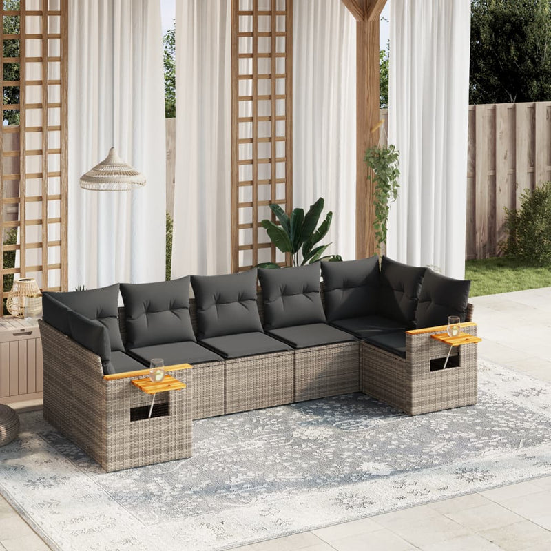 7-delige Loungeset met kussens poly rattan grijs