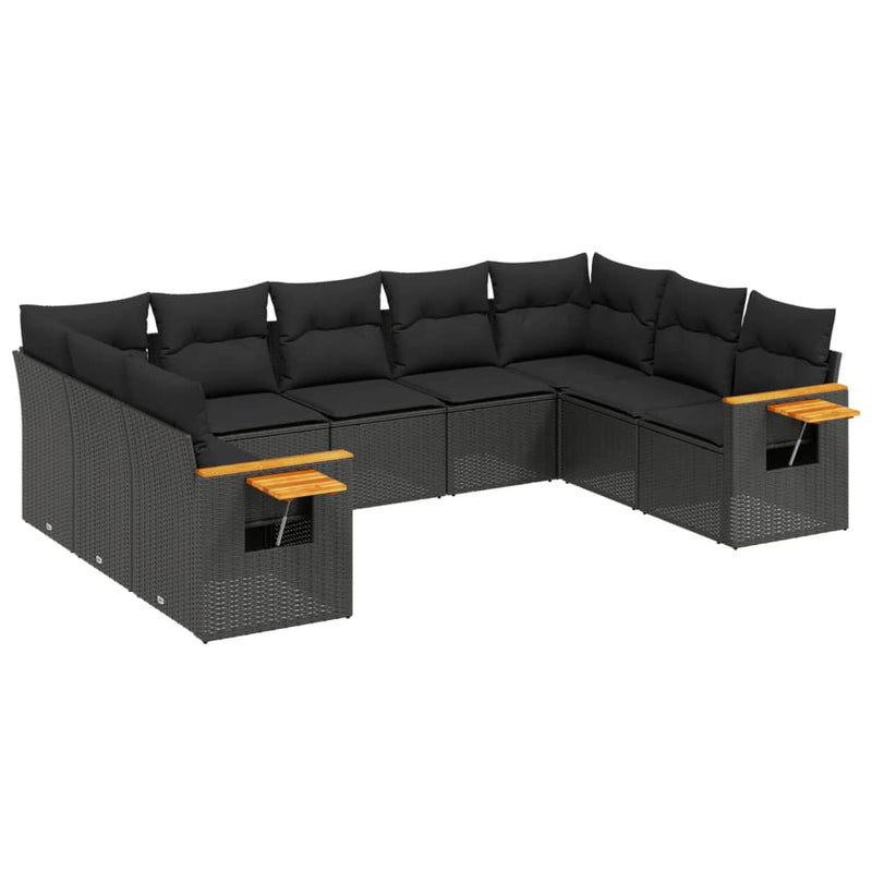 9-delige Loungeset met kussens poly rattan zwart