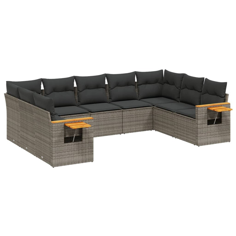 9-delige Loungeset met kussens poly rattan grijs