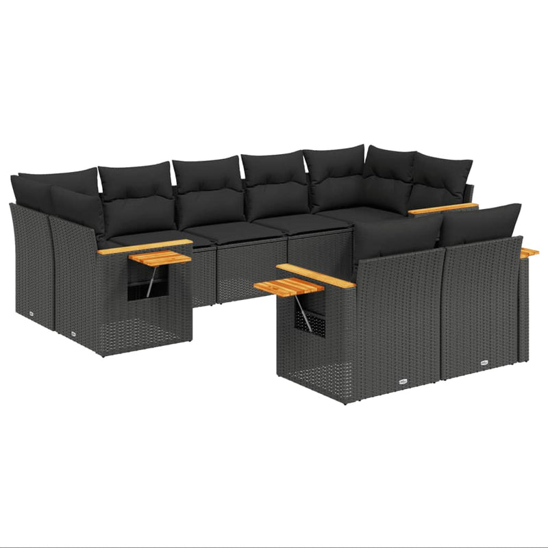 9-delige Loungeset met kussens poly rattan zwart