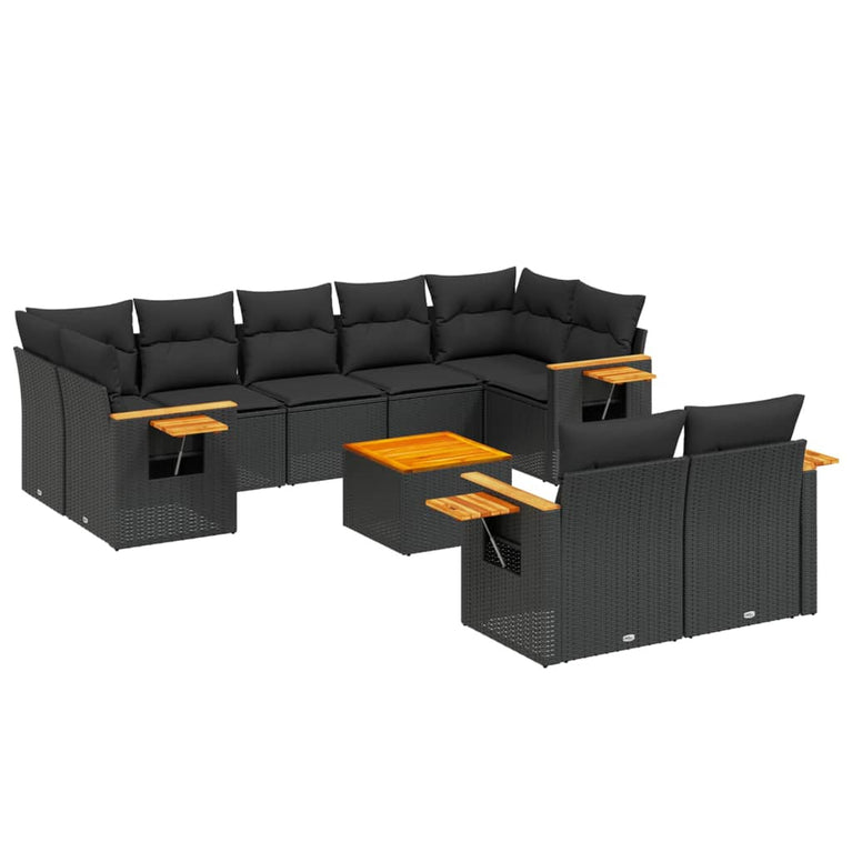 10-delige Loungeset met kussens poly rattan zwart
