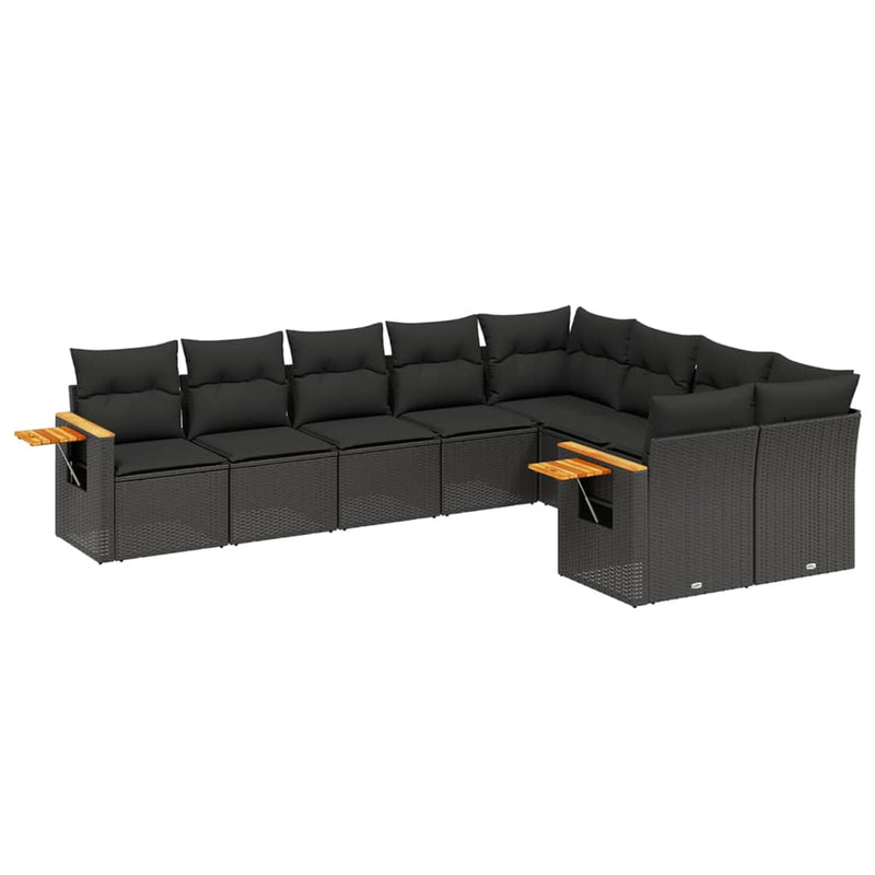 9-delige Loungeset met kussens poly rattan zwart