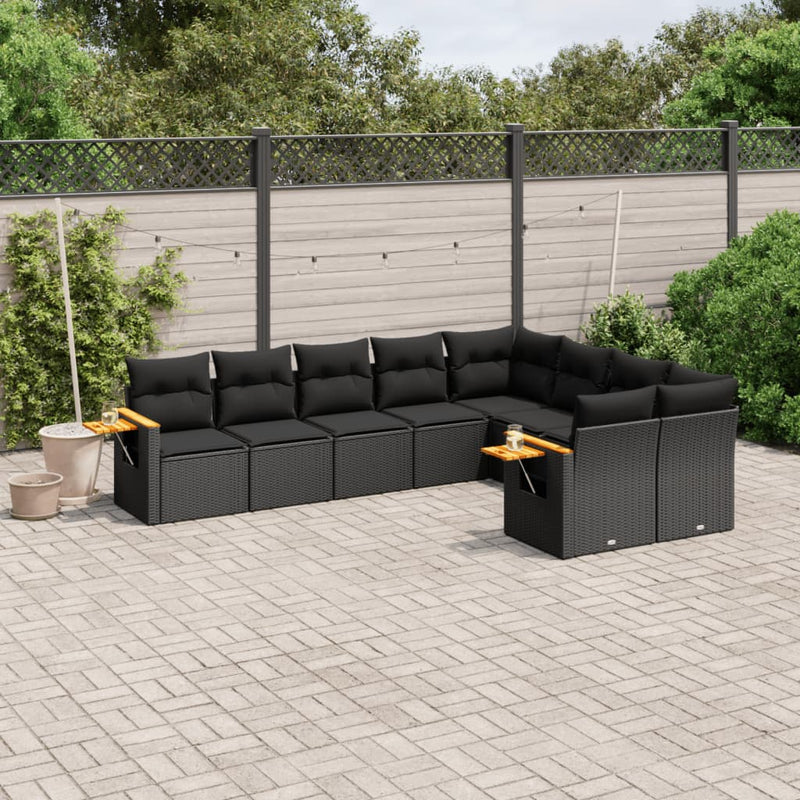 9-delige Loungeset met kussens poly rattan zwart