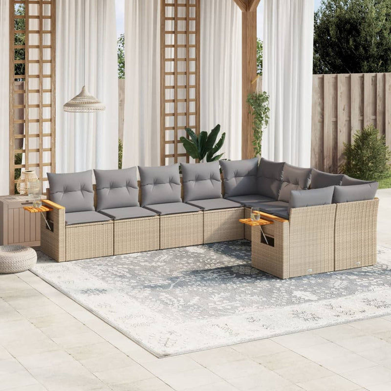 9-delige Loungeset met kussens poly rattan beige