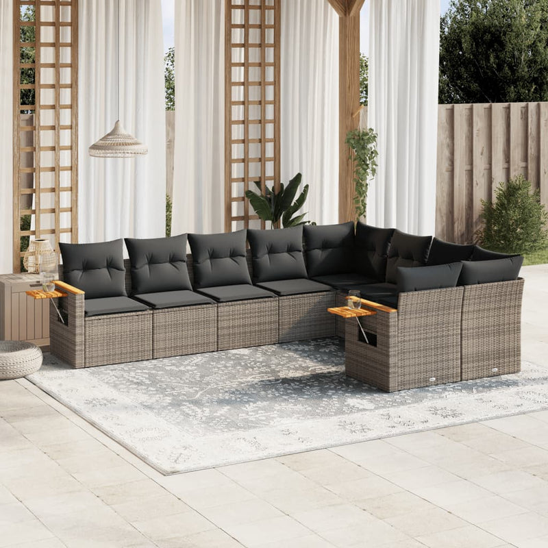 9-delige Loungeset met kussens poly rattan grijs