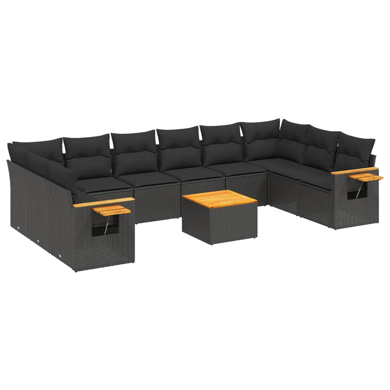 11-delige Loungeset met kussens poly rattan zwart