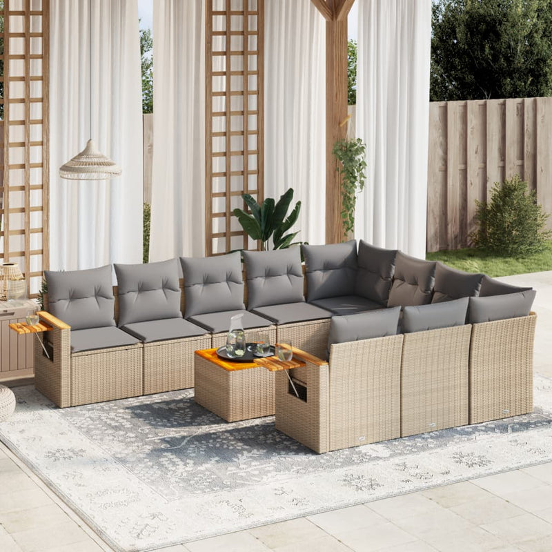 11-delige Tuinset met kussens poly rattan beige