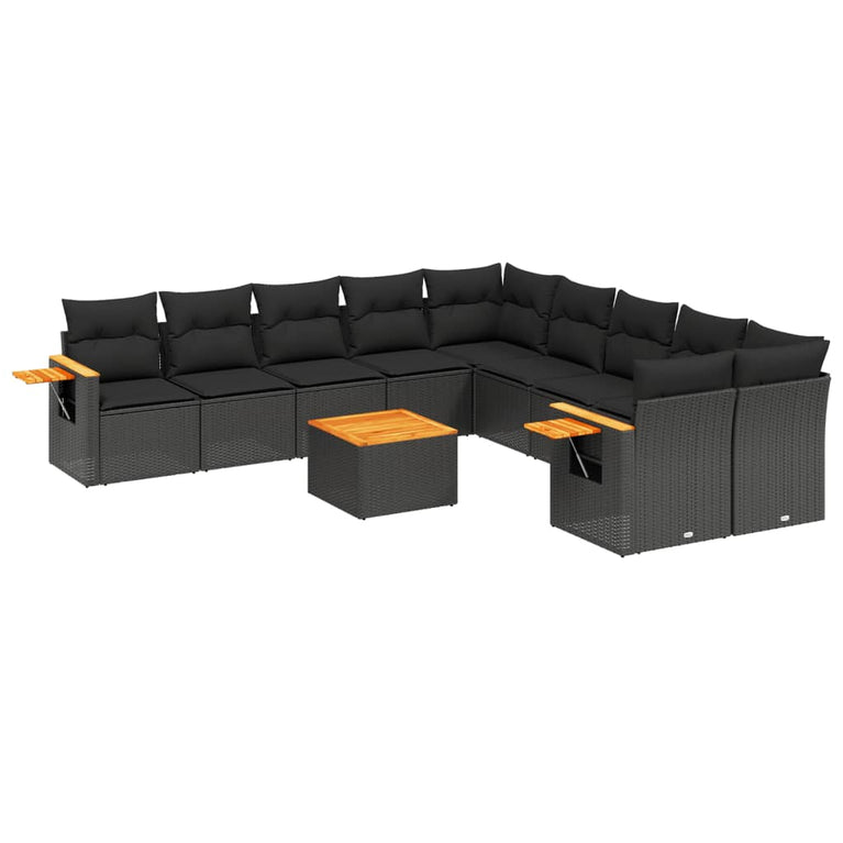 11-delige Loungeset met kussens poly rattan zwart