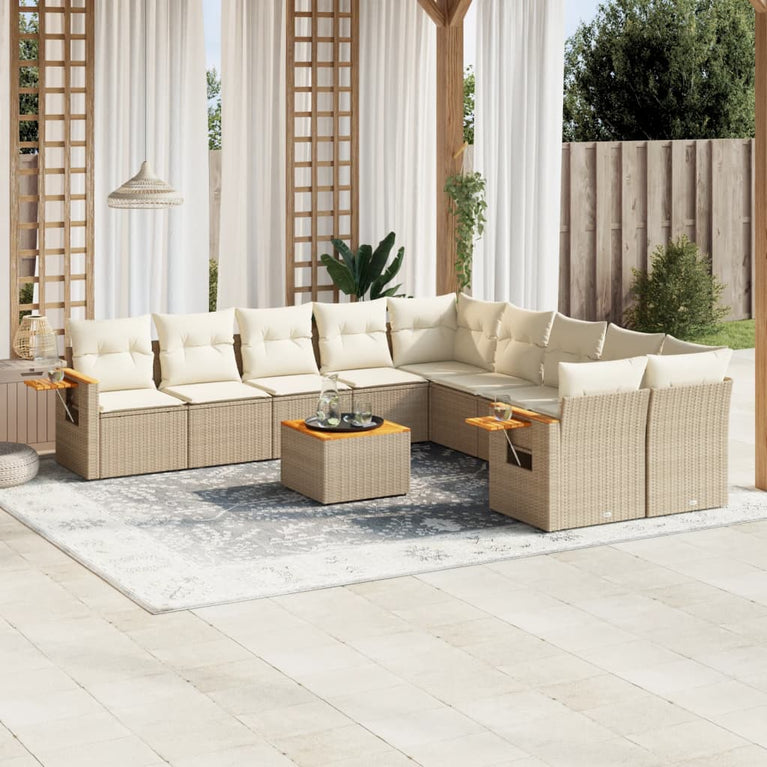 11-delige Tuinset met kussens poly rattan beige