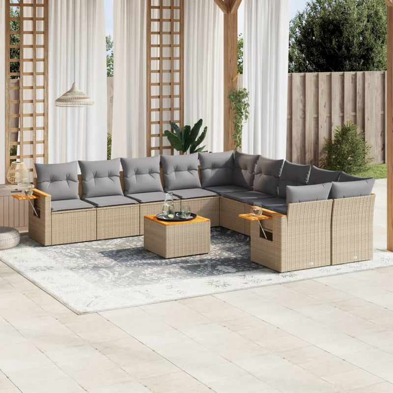 11-delige Tuinset met kussens poly rattan beige