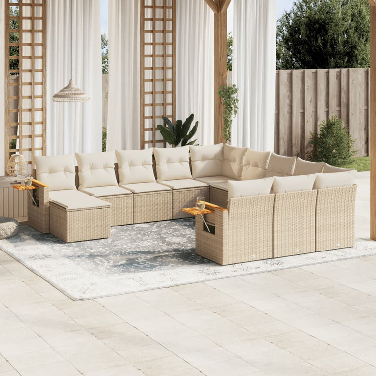 11-delige Tuinset met kussens poly rattan beige