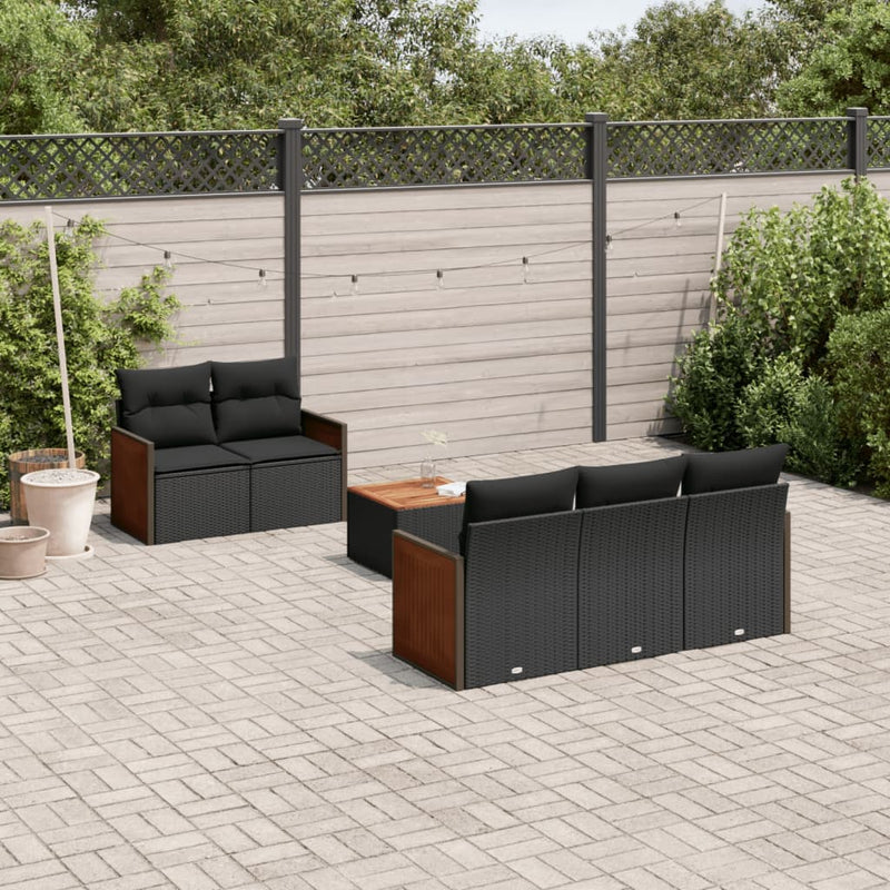 6-delige Loungeset met kussens poly rattan zwart