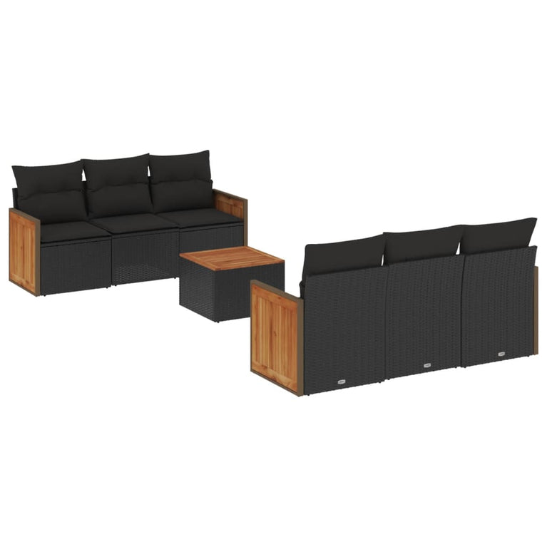 7-delige Loungeset met kussens poly rattan zwart