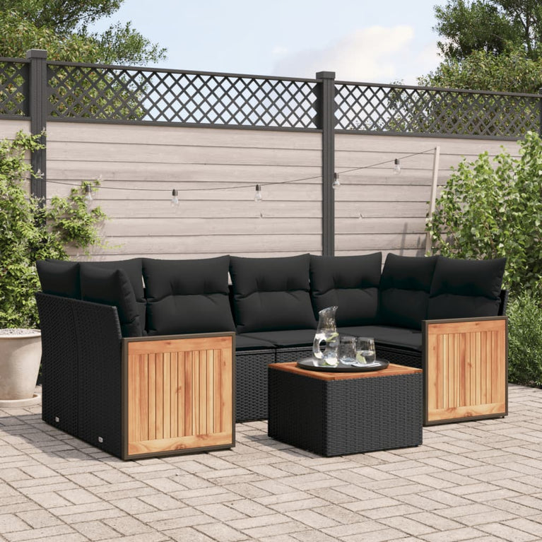 7-delige Loungeset met kussens poly rattan zwart