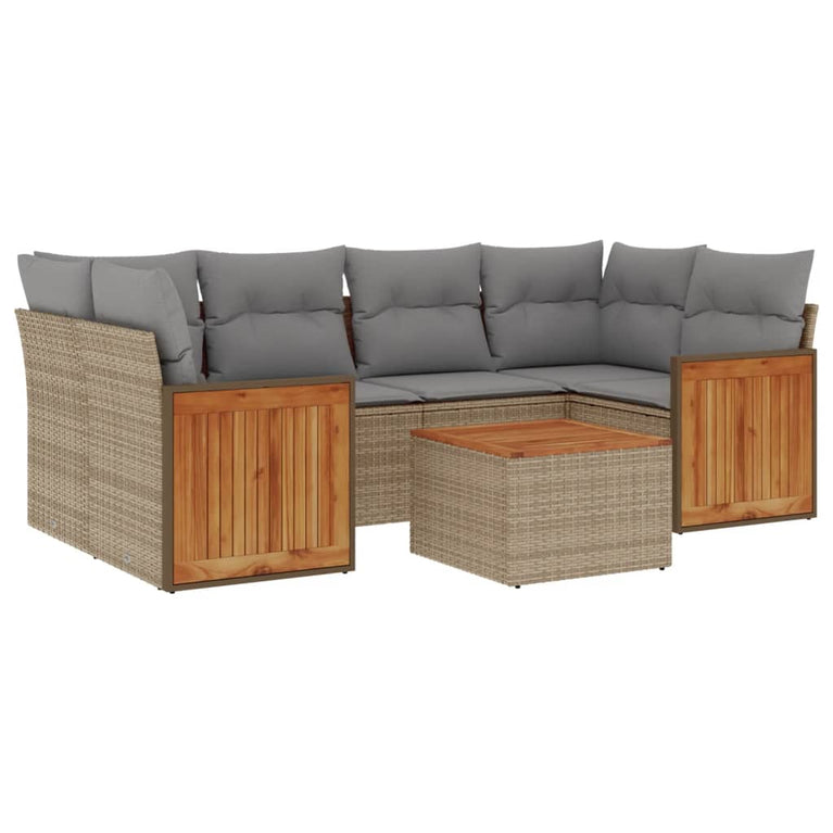 7-delige Loungeset met kussens poly rattan beige