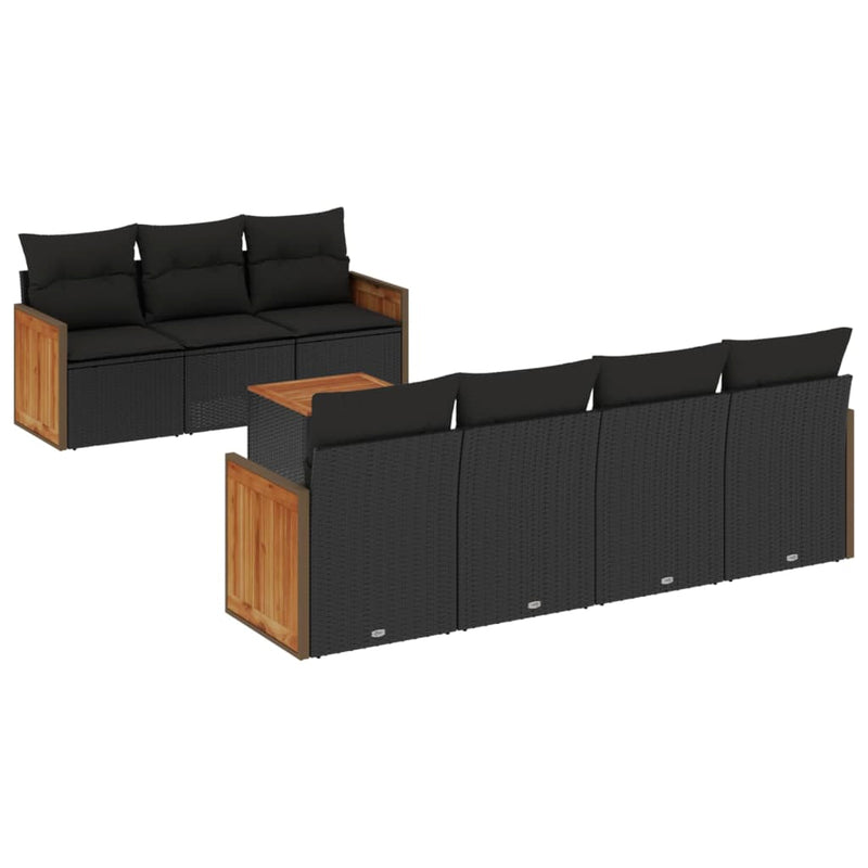 8-delige Loungeset met kussens poly rattan zwart